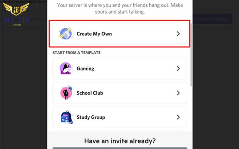 Bạn vào Create My Own để tạo server Discord.